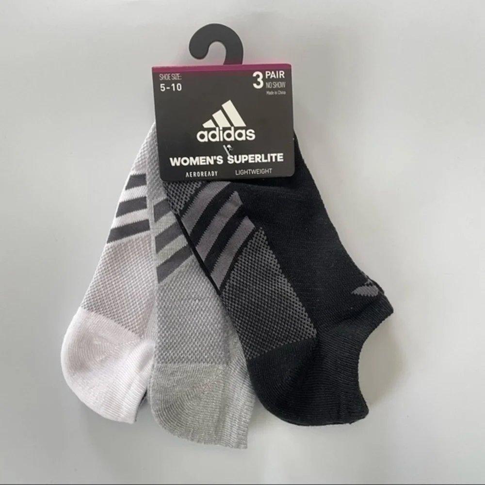 Adidas women’s no show socks black gray white 3 pairs size 5-10